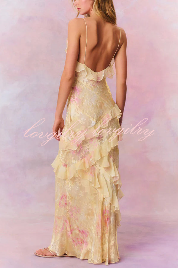 Multicolor Tie-dye Sexy Backless Wave-hem Strap Maxi Dress