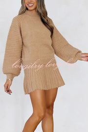 Solid Color Round Neck Puff Sleeve Loose Knit Sweater and Casual Striped Mini Skirt Set