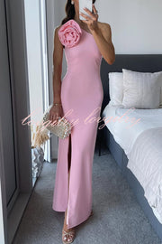 Samaya One Shoulder Detachable Rose Corsage Slit Stretch Maxi Dress