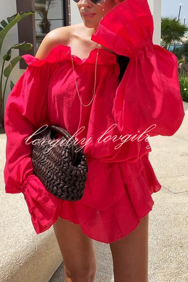 Arnell Linen Blend Off Shoulder Balloon Sleeve Shirt and Elastic Waist Layered Shorts Set