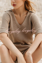 Fashion Hollow V-neck Short-sleeved Top and Elastic Waist Casual Shorts Set