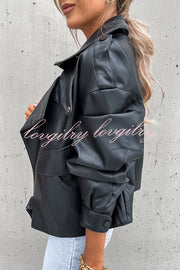 Stylish Leather Lapel Pocket British Style Cropped Jacket