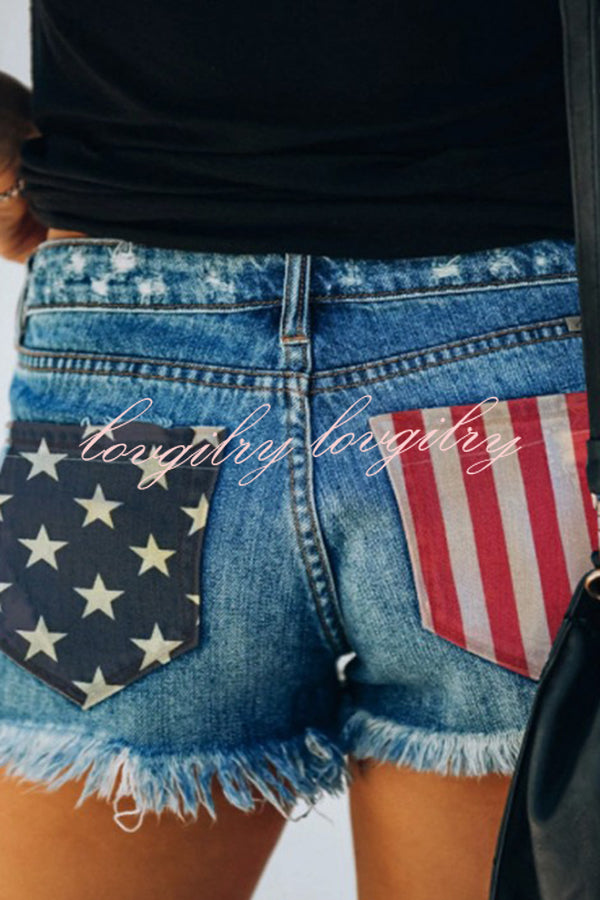 Independence Day American Flag Print Bottom Tassel Denim Pocket Shorts