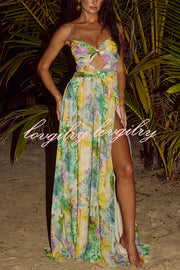 Resort Style Printed Starfish Brooch Cutout Ruched Slit Maxi Dress