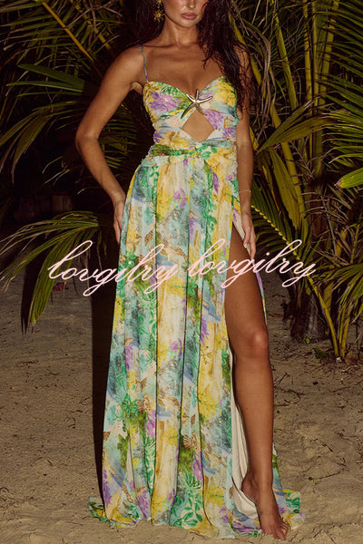 Resort Style Printed Starfish Brooch Cutout Ruched Slit Maxi Dress