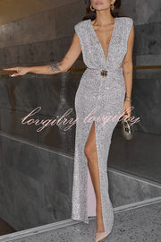 Party Season Sequin Deep V-neck Metal Buckle Ruched Waist Front Slit Maxi Dress