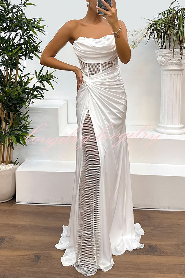 Audrey Satin Paneled Mesh Sequin Fabric Off Shoulder Ruched Drape Maxi Dress