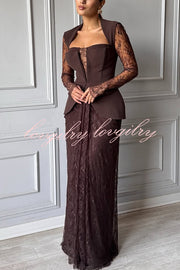 Belle Contrast Sheer Lace Fabric Patchwork Square Neck Long Sleeve Drape Maxi Dress