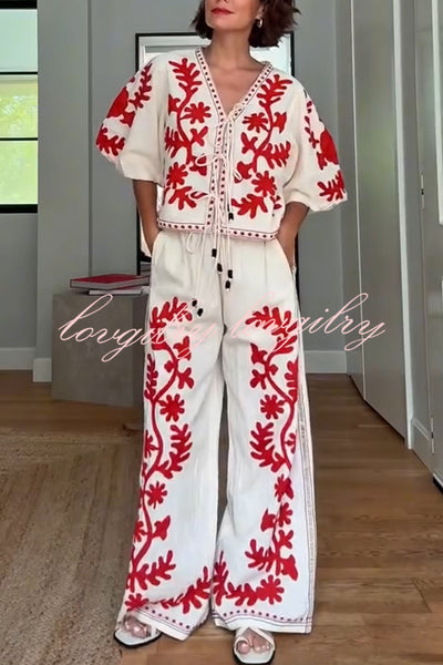 Till Sunset Linen Blend Unique Print Elastic Waist Pocket Wide Leg Pants