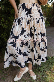 Resort Style Botanical Print Elastic Waist Loose Stitching Midi Skirt