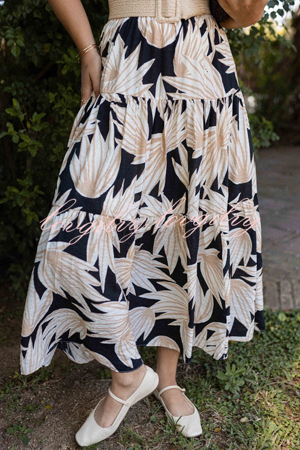 Resort Style Botanical Print Elastic Waist Loose Stitching Midi Skirt