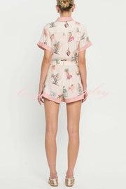 Plant Print Lapel Short Sleeves Loose Pocket Waist Tie Casual Rompers