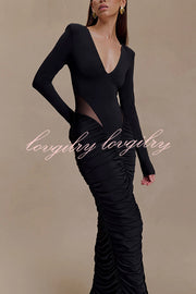 Sexy See-through Long-sleeved V-neck Pleated Slim-fit Maxi Dress