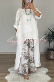 Linen Blend Crew Neck Long Sleeve Irregular Loose Top and Elastic Waist Floral Print Casual Pocket Set