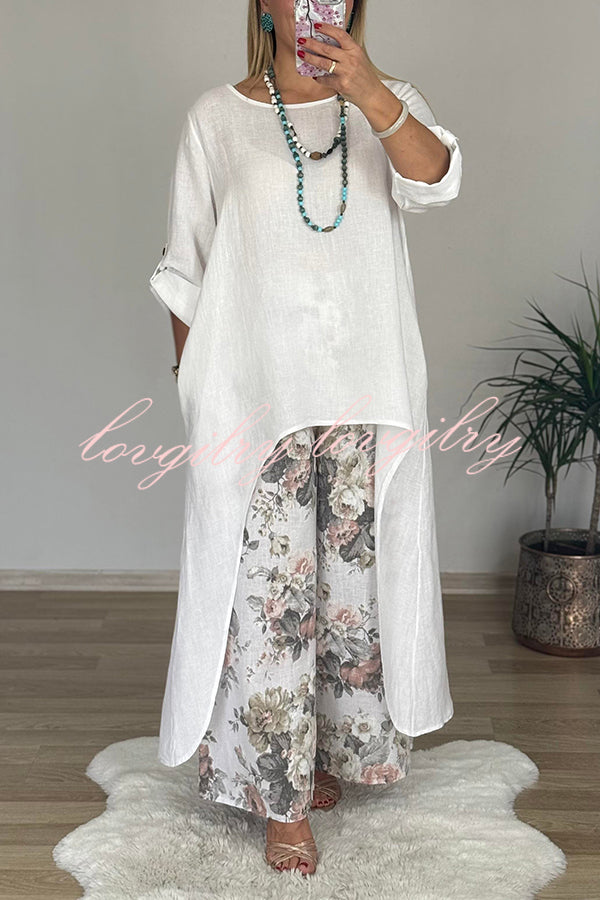 Linen Blend Crew Neck Long Sleeve Irregular Loose Top and Elastic Waist Floral Print Casual Pocket Set