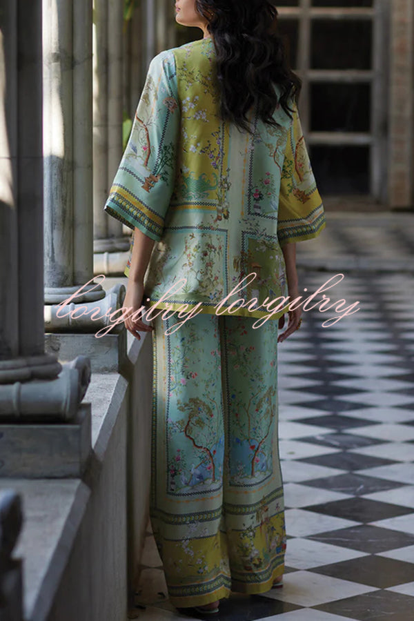 Elonie Satin Floral Print V-neck Half Sleeve Top and Elastic Waist Wide Leg Pants Set