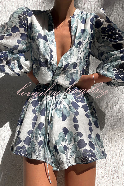 Lilianna Unique Floral Print Button Balloon Sleeve Tiered Loose Mini Dress