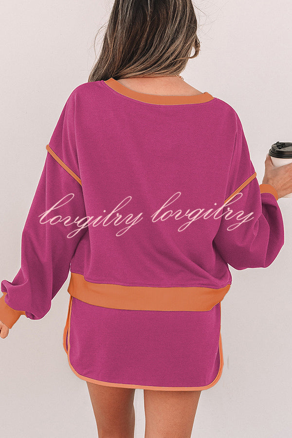 Fashion Round Neck Long Sleeve Spliced Casual Top and Elastic Waist Loose Shorts Set