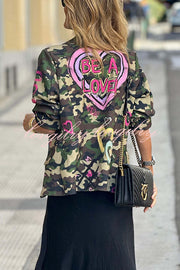 Be A Lover Camouflage Heart Graffiti Detail Lapel Loose Blazer Jacket