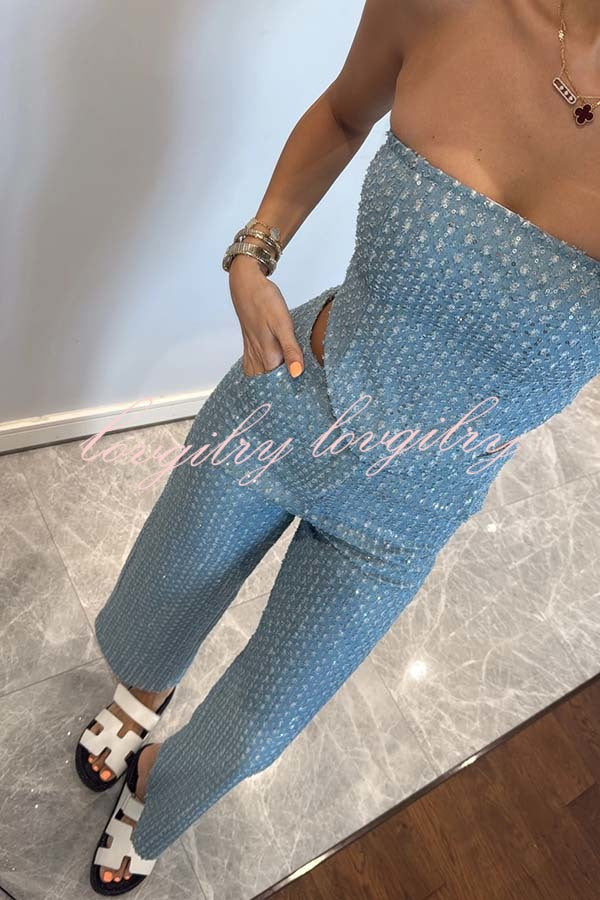 Fashionable Look Denim Sequin Textured Tube Top
