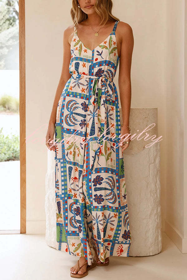 Unique Beach Vacation Print V-neck Suspenders Casual Wide-leg Jumpsuit
