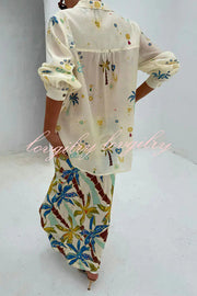 Linen Blend Resort Coconut Palm Print Long Sleeve Lapel Shirt and Elastic Waist Casual Pocket Shorts Set