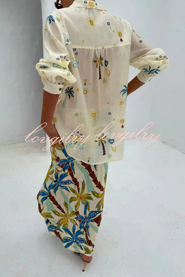Linen Blend Resort Coconut Palm Print Long Sleeve Lapel Shirt and Elastic Waist Casual Pocket Shorts Set