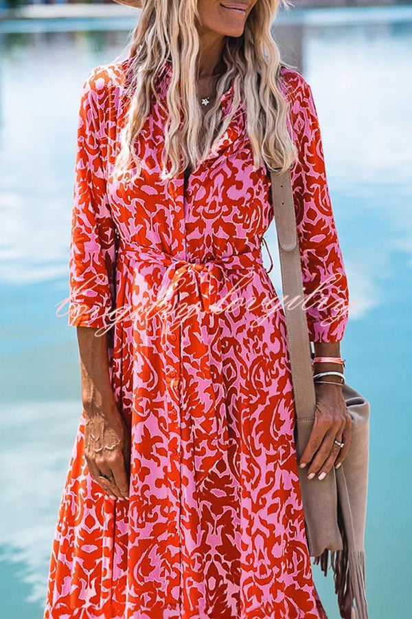 Lapel Slit Floral Print Lace Up Button Maxi Dress