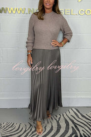 Audrey Ribbed Knit Long Sleeve Top Patchwork Satin Pleated Maxi Dress