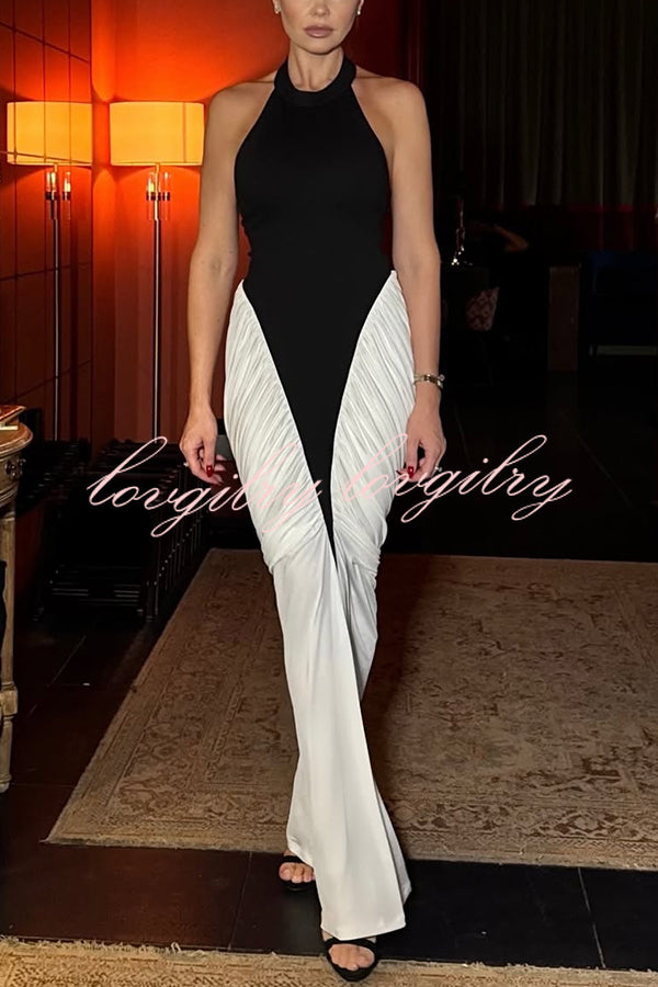 Fashionable Contrast Color Open Back Side Pleated Draped Maxi Dress