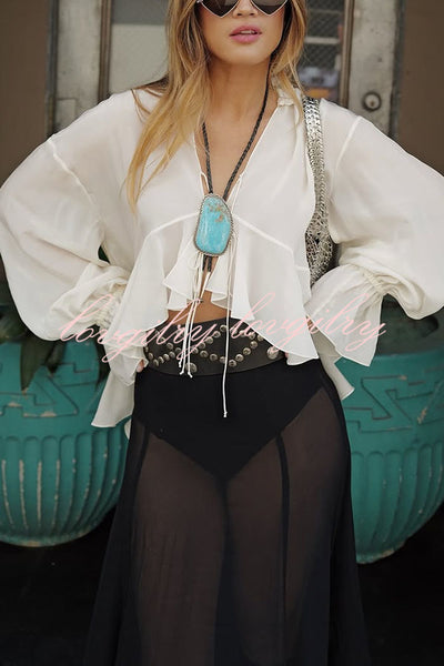 Boho Forever Chiffon Ruffles Balloon Sleeve Tie-up Blouse
