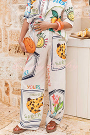 Summer Plant Fruit Print Casual Short Sleeve Shirt and Elastic Waist Loose Wide Leg Pants Set