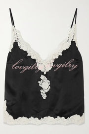 Celebration Look Contrast Color Satin Lace Trim V-Neck Slip Tank