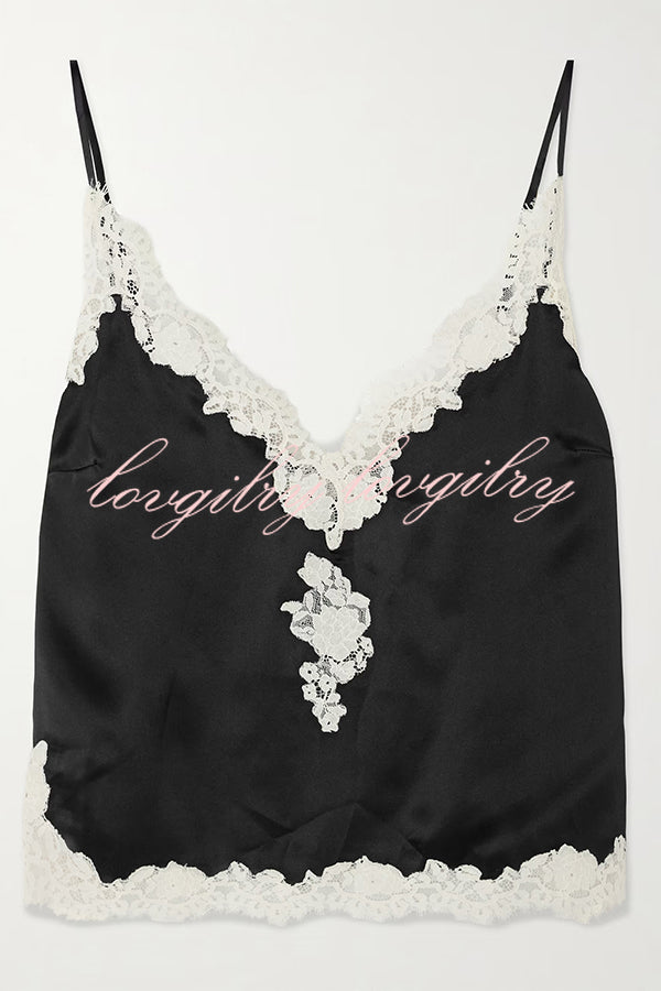 Celebration Look Contrast Color Satin Lace Trim V-Neck Slip Tank
