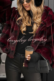 Winter Latte Gradient Print Ribbed Balloon Sleeve Hooded Loose Plush Coat