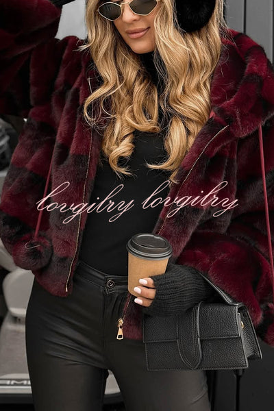 Winter Latte Gradient Print Ribbed Balloon Sleeve Hooded Loose Plush Coat