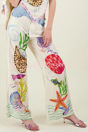 Dream Ocean Satin Unique Print Back Elastic Waist Pocket Wide Leg Pants