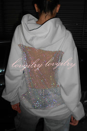 Fashionable Shiny Mesh Hollow Back Loose Long-sleeved Hooded Sweatshirt