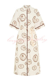 Resort Style Print Lapel Short Sleeves Casual Pocket Waist Tie Loose Midi Dress