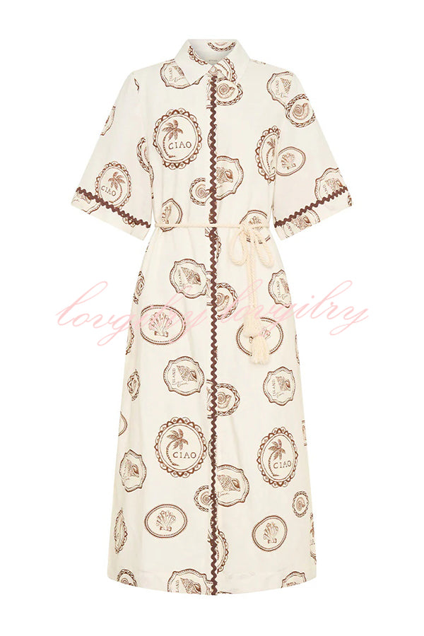 Resort Style Print Lapel Short Sleeves Casual Pocket Waist Tie Loose Midi Dress