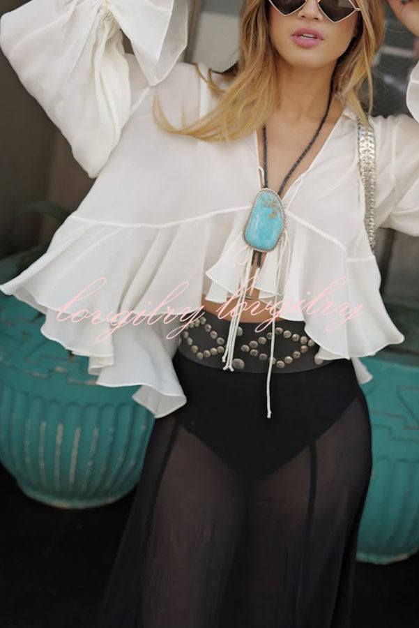 Boho Forever Chiffon Ruffles Balloon Sleeve Tie-up Blouse