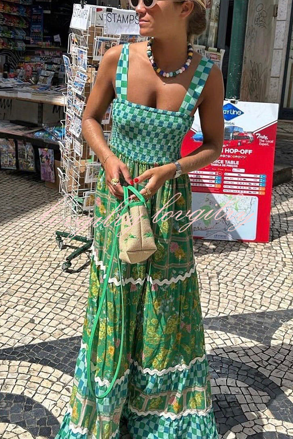 Yolanda Ric Rac Trims Unique Print Smocked Bust Back Lace-up Maxi Dress