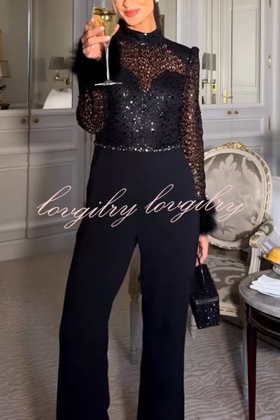 Aerie Sequin Embellished Mock Neck Long Sleeve Feather Cuff Flare Jumpsuit