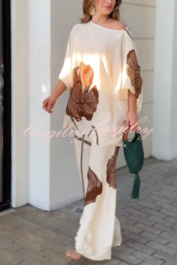 Floral Print Batwing Sleeves Loose-fitting Top and Relaxed Pocket Straight Pants Set