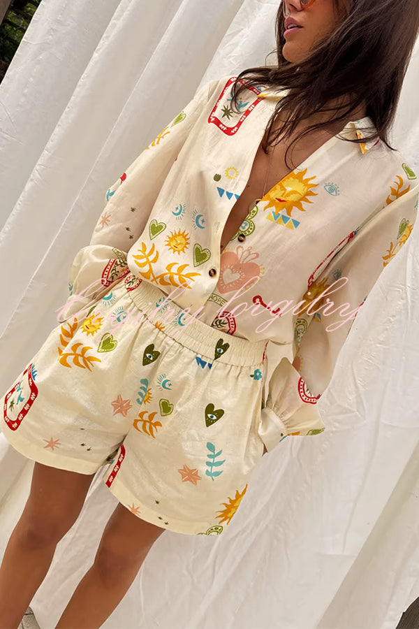 Funny Vacation Unique Printed Long Sleeve Shirt and Elastic Waist Pocket Loose Shorts Set