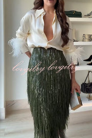 Party Crasher Feather Trim Long Sleeve Button Up Loose Blouse