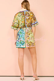 Sasha Linen Blend Unique Printed Shirt Style Tie-waist Mini Dress