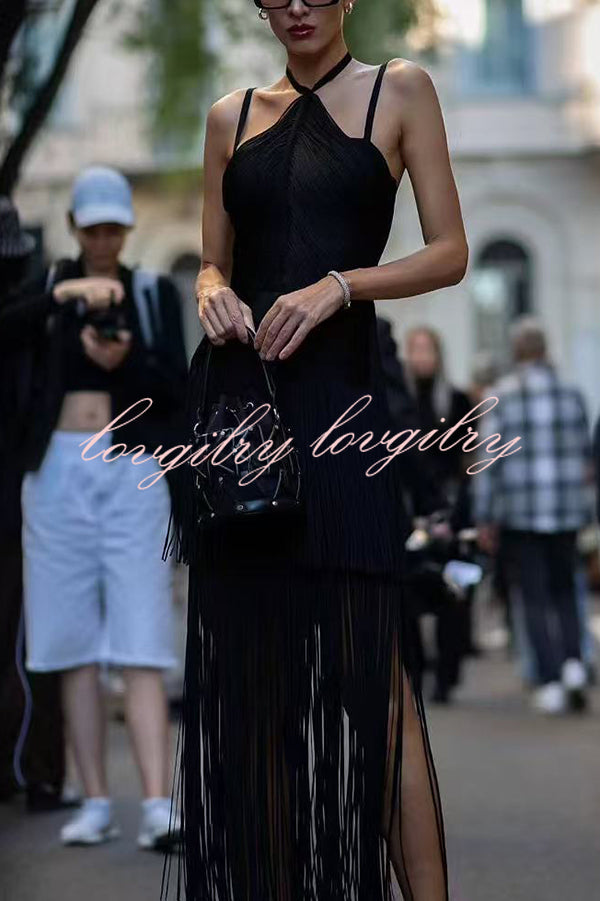 Sexy Halterneck Open Back Elegant Tassel Slim Maxi Dress