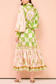 Garden Party Satin Unique Print Balloon Sleeve Belted Shirt Maxi Dress