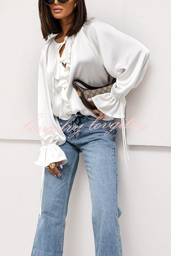Satin Solid Color V-neck Tie Ruffle Casual Shirt